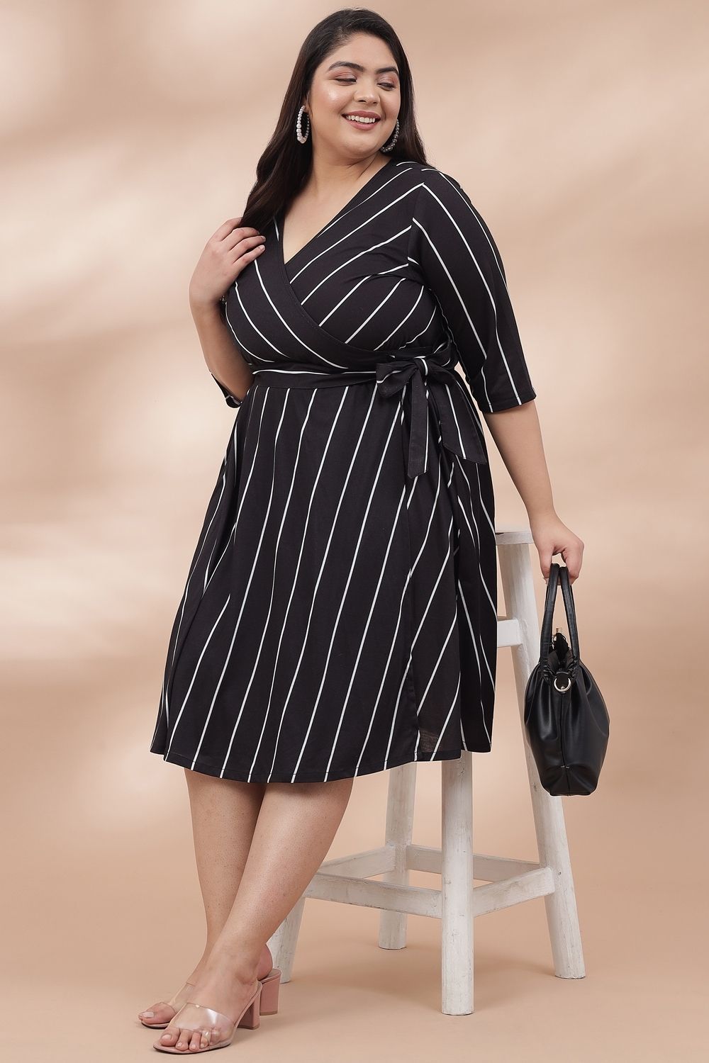 Black White Stripe True Wrap Midi Dress ...